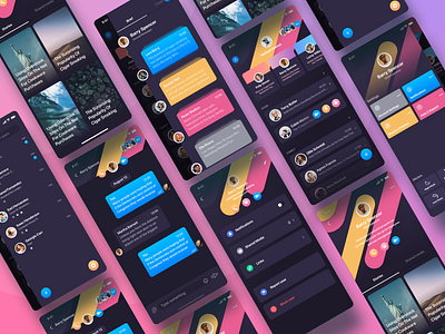 Messenger mobile app design animation web design branding animation app app design cards chat color ios iphone messenger mobile app design profile rainbow settings side menu sidebar sidebar menu social story ui ux