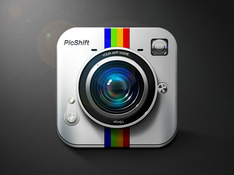 PicShift icon flare highlight russia moscow metal modern lens camera photo logo shadows lights reflections icon ios phone brand app ipad mobile vector ui