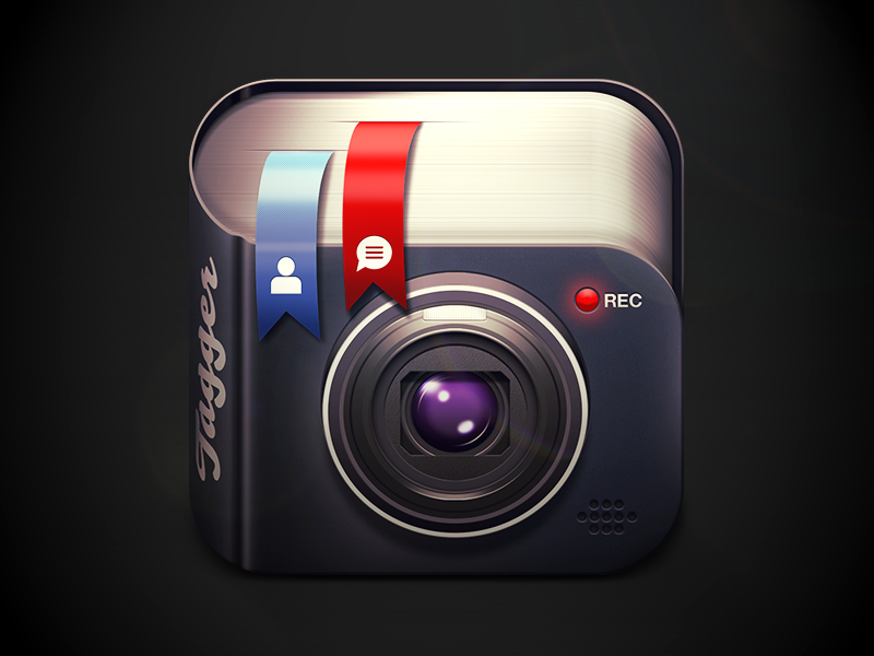 Tagger icon clickberry tagger video interactive tager moscow russia app highlight flare texture metal icon dark black shadow light iphone ios player play pause progress facebook like comment