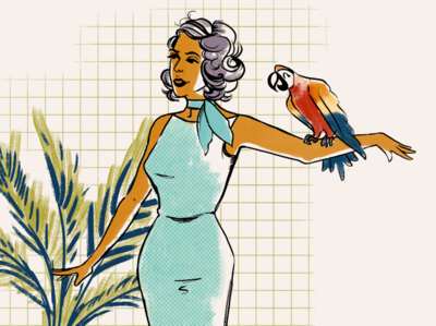 Vacation fashion dress parrot midcentury illustration drawing