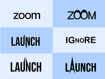 Logo wordmark designs for Zoom, Launch and Ignore creative graphic design illustration logo typography