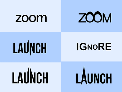 Logo wordmark designs for Zoom, Launch and Ignore