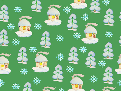 watercolor houses and snowflakes seamless pattern