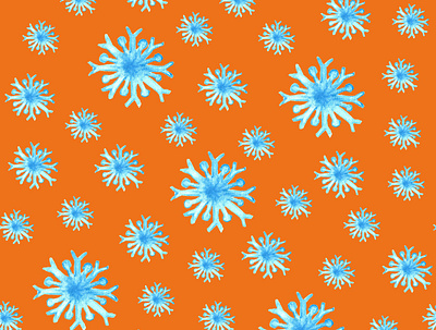 watercolor snowflakes, seamless pattern, orange background celebration cold colorful design for fabric and paper illustration party wrapping paper