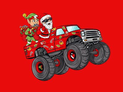 christmas elf and santa claus riding monster truck design graphic design illustration logo vector