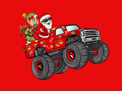 christmas elf and santa claus riding monster truck