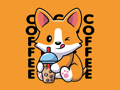 Cute corgi drinking coffee design graphic design illustration logo vector