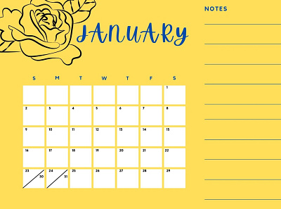 Rose Princess Themed January 2022 Canva Calendar Template
