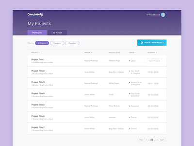 Project List dashboard form list purple row table ui ux