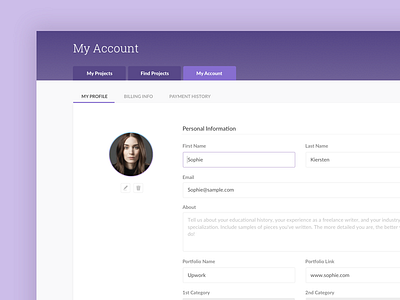 Profile Page dashboard my acount profile purple ui ux