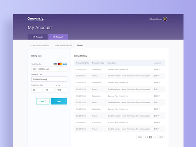 Composely Billing Info admin application billing dashboard form payment purple saas table tabs ui