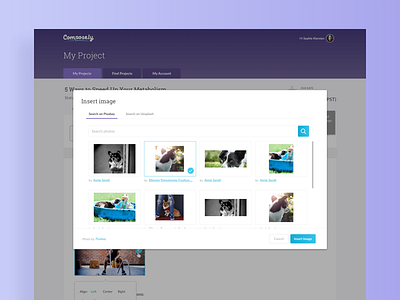 Composely Insert Image application dialog editor images modal purple saas ui