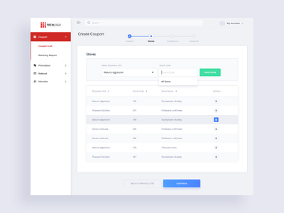 Create Coupon - Select Branch application cms form progress saas table