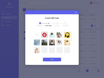 QR Code Generator - Upload Image application blue dialog modal progress purple qrcode saas