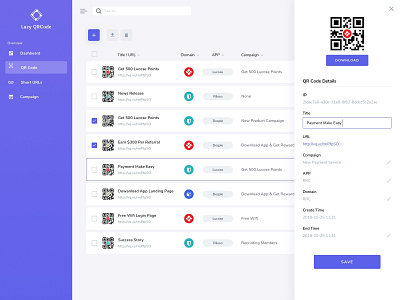 QR Code Management Page blue dashboard dialog modal progress purple qrcode saas table web application