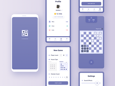 “Corners” game on Unity3D engine android app blue checkerboard checkers clean design game app game design game ui ios leaderboard mobile profile settings splash tab bar ui ux violet