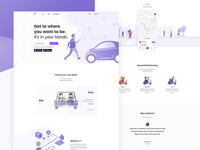 Ride Share Landing Page app blue booking car share clean concept creative design gradient illustration landing page minimal reactive rental ride share ui