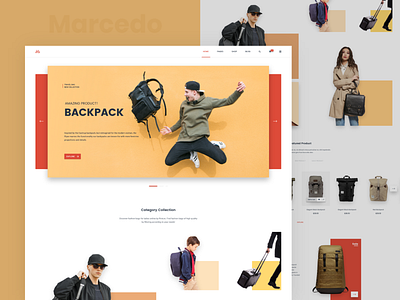 Backpack E-commerce Theme backpack bag black clean design ecoomerce flat grid materialdesign minimal product design red shop store theme ui ux web landing page white yellow
