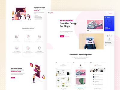 StoryHub - Creative Landing Page For Blog's agency blog blogger blogging clean concept creative design gatsby illustration instagram ios landing page minimal blog personal portfolio post react red white