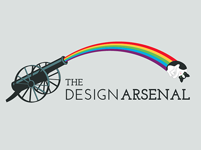 The Design Arsenal cat illustration logo rainbow typography