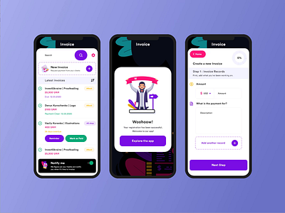 kalina invoice app Dark UI abstract app screen buttons clean colorful dark ui digital hookandhub intraction invoice minimalist mobile app design motion design sophisticated studio ui uiux user experience uxdesign welcome page