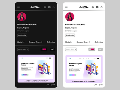 Dribbble User Profile Redesigned (Light and Dark Theme)