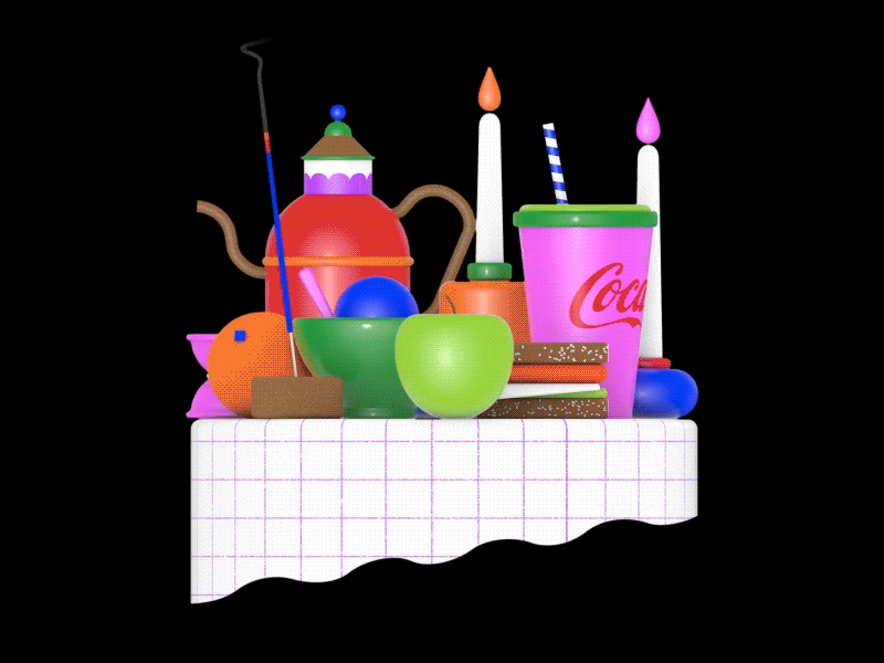 3D still life setup 3d animation apple candle coke design geometry sandwich