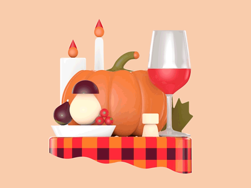 Fall tabletop 3d animation berries fall mushrooms pumpkin wine