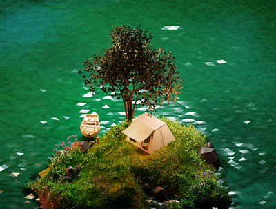 Camping at the lake island 3d 3d modeling blender camping chill illustration