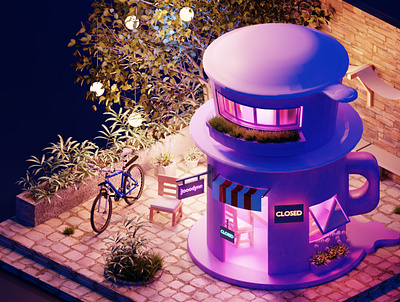 Closed 3d 3d modeling blender city coffee shop illustration moon night urban vietnamese coffee