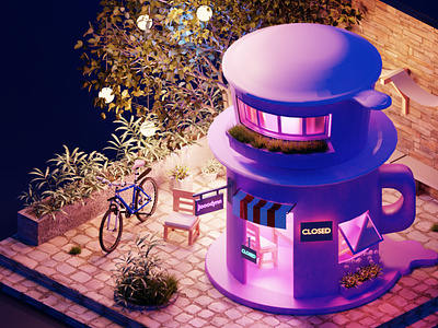 Closed 3d 3d modeling blender city coffee shop illustration moon night urban vietnamese coffee