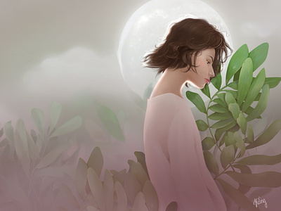 Moon digital painting girl illustration leaves magic moon nature silence