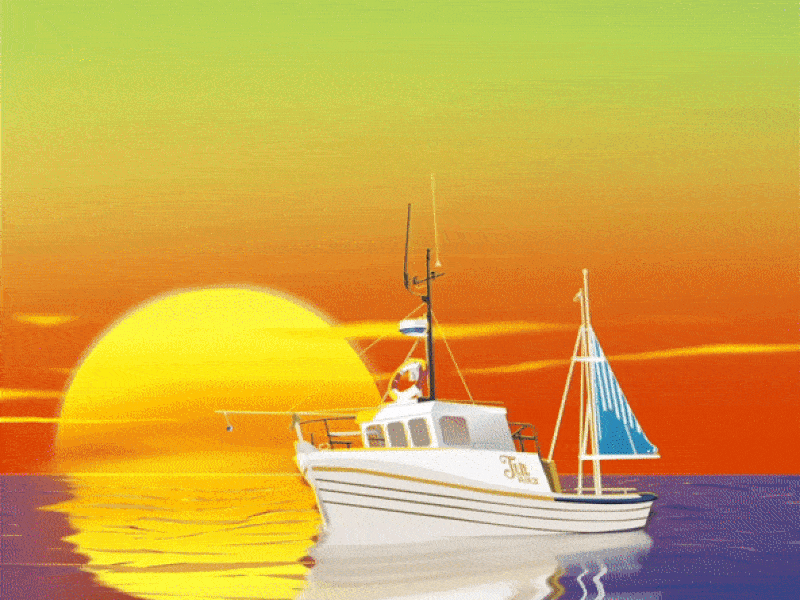 Summer Skies. animation art boat illustration nature night ocean sunset web