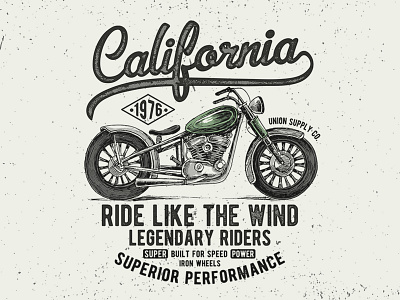 Motorcycle illustration with vintage typography california iron lettering motorcycle wheels