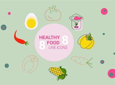 Line icons: healthy food cherry corn design egg food green healthy illustration illustrator line icons pepper red tomato yellow yougurt