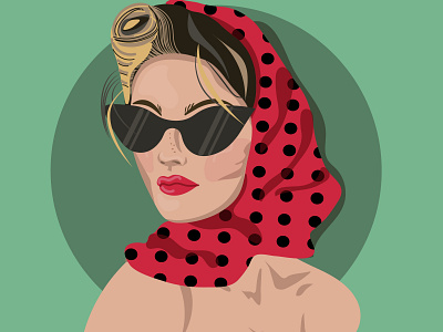 Vectror portrait art design face female girl glasses green illustration illustrator polka dots pop art style portrait red red scarf retro vector vector realism vintage