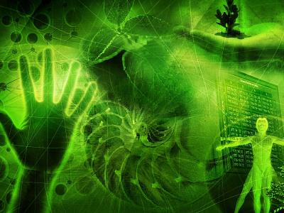 Green abstarction abstraction art artificial intelligence collage design fantasy green health human silhouettes illustration photoshop plants science space