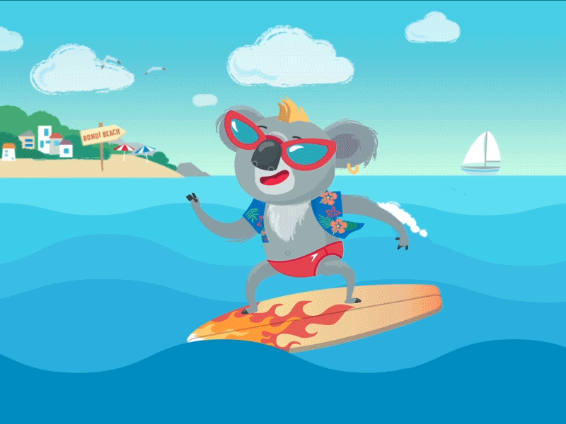 Surfing Koala blue character koala kuz surfing wave