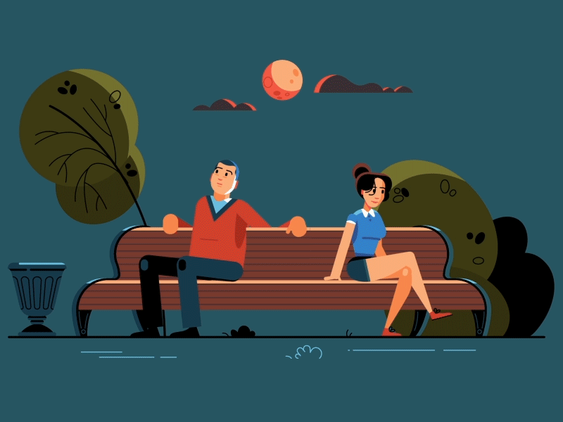 Evening bench character date evening gif man moon seat tree walk woman