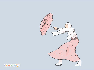 Rainy day girl hijab illustration muslim pastel rain