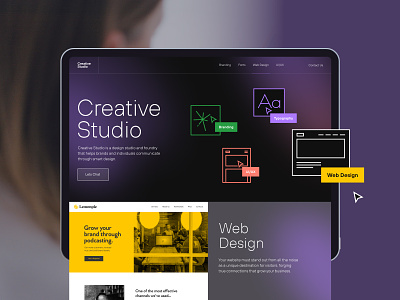 Web Design agency branding creative dark design digital agency exploration icons illustration layout design studio typography ui ux web design yellow