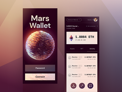 Mars Wallet app design crypto cryptocurrency globe mars mobile design planet transactions ui unfold wallet