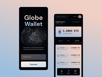 Globe Wallet app design blockchain crypto ethereum exploration globe mobile design mobile layout money transaction unfold wallet