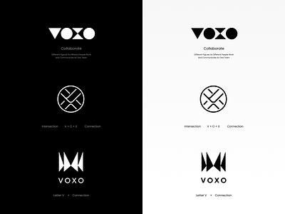 VOXO logo exploration black and white collaborate communication connection identity intersection letter v logo concept logo design logo exploration mark organization symbol team unfold voxo