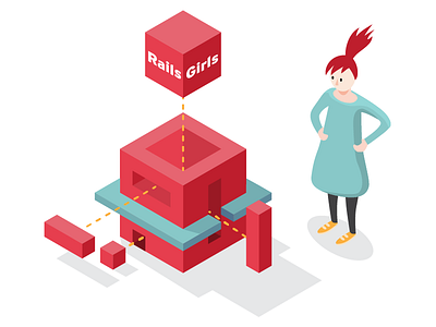 Rails Girls Kraków 2017 cube girl illustration isometric rails girls red redhead ruby ruby on rails vector workshop