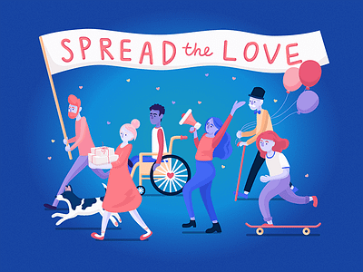 Spread the Love banner blue character character design colorful cute equality illustration longboard love pink valentines