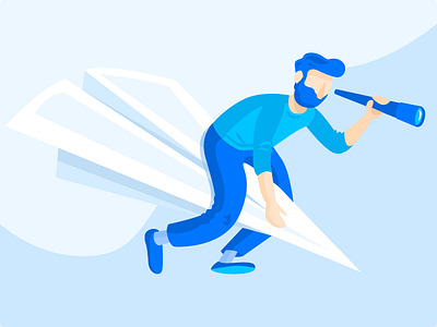 Business Strategy Illustration beard character deliver flat flying illustration man paper plane spyglass web illustration