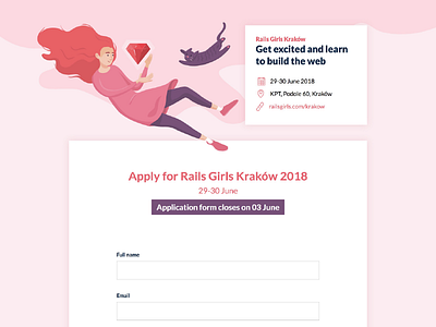 Rails Girls Kraków 2018 - website apply conference event floating form girl illustration pink rails girls ruby ruby on rails workshops