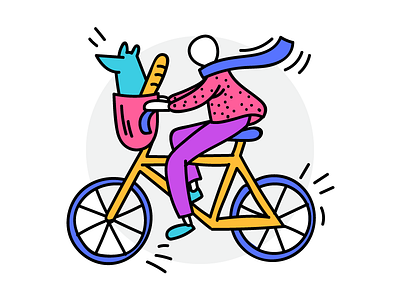 Biker bike colorful creative dog flat funky hipster illustration outline people riding a bike shopping
