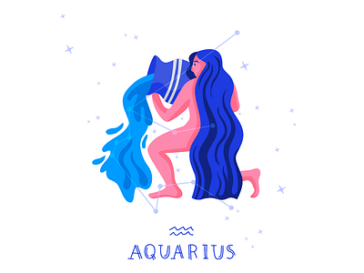 Zodiac signs: Aquarius aquarius astrology blue character flat horoscope illustration nightsky pink stars vector water woman